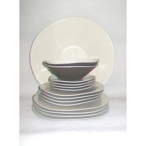 Vintage 90s Era Umbra Melamine Ivory Brown Asymmetrical Dinnerware Set of 12